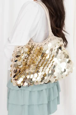 Bolso Macramé Paillettes Handmade Golden